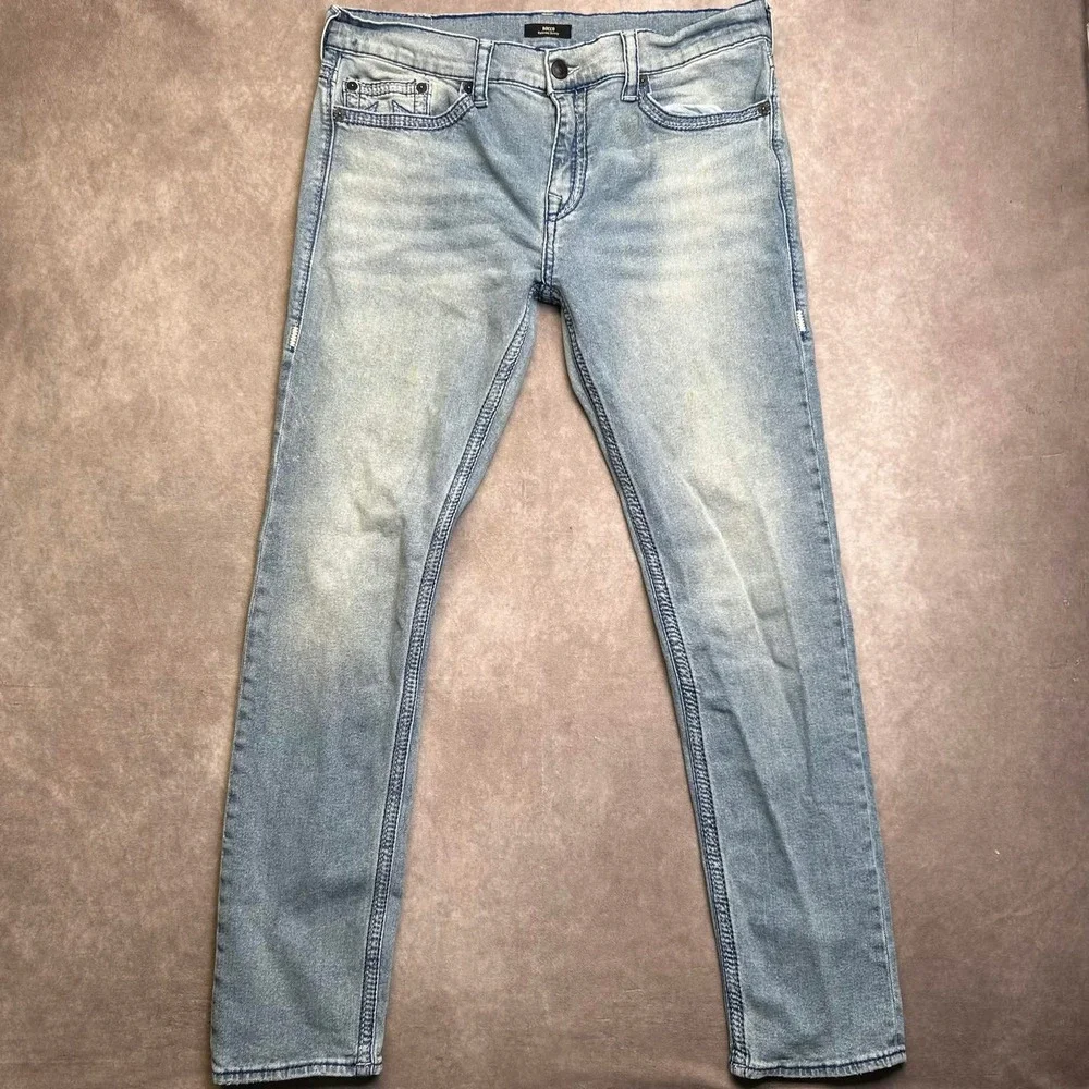 True Religion Rocco Relaxed Skinny Jeans Mens 38x34 Light Wash Blue Thick Stitch